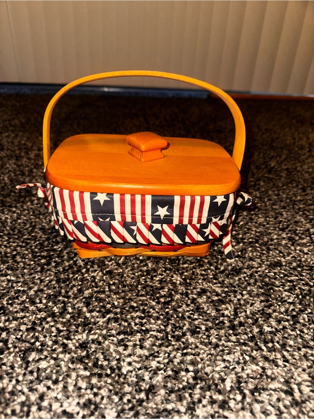 Longaberger Wood Basket with Red, White & Blue Star Stripe Liner